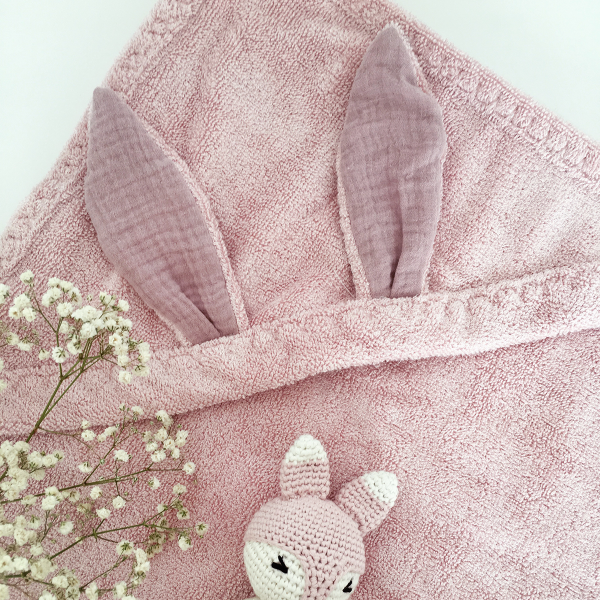 Ungbarnahandklæði úr bambus með hettu - BUNNY Blush Pink