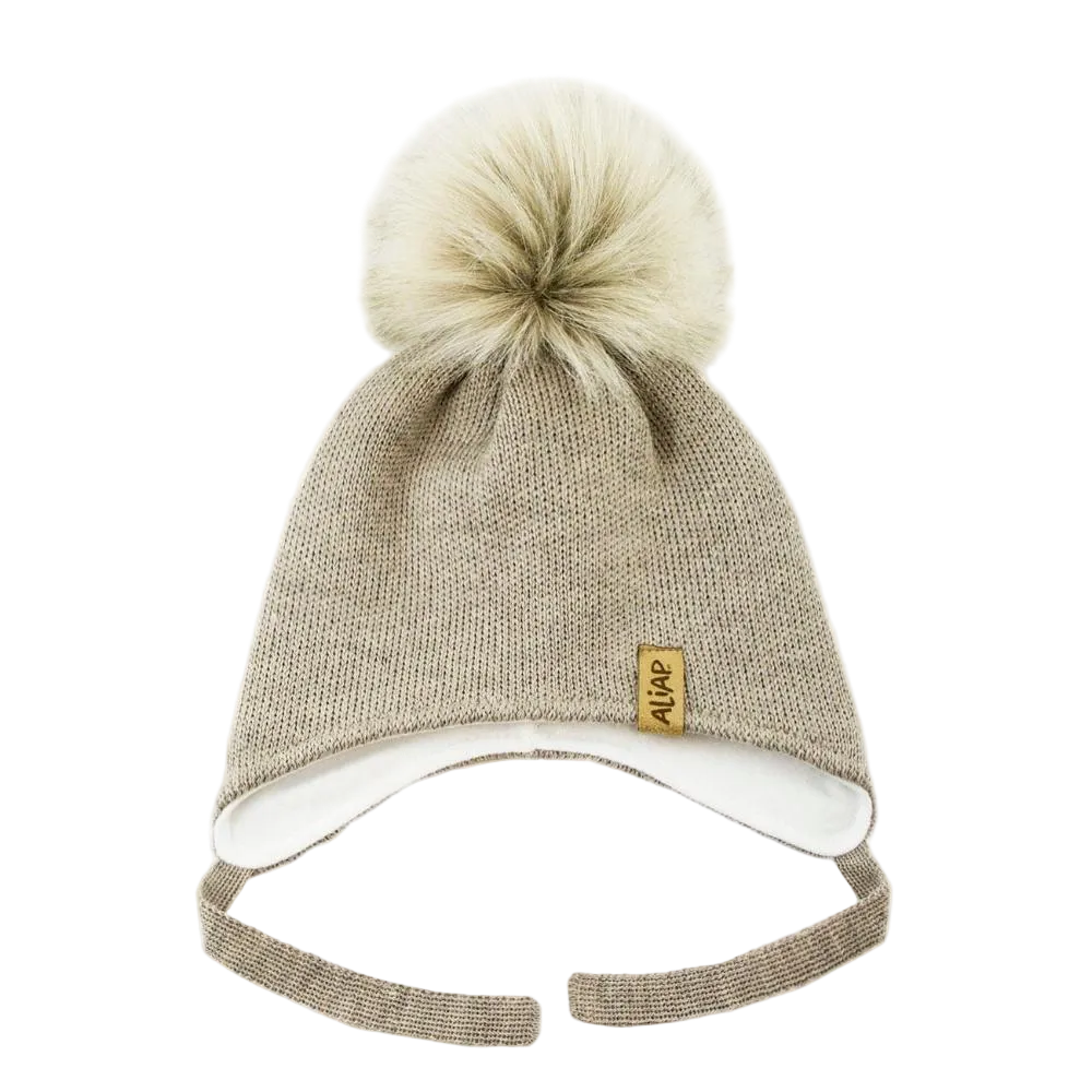 Ullar Ungbarnahúfa með dúski - Beige
