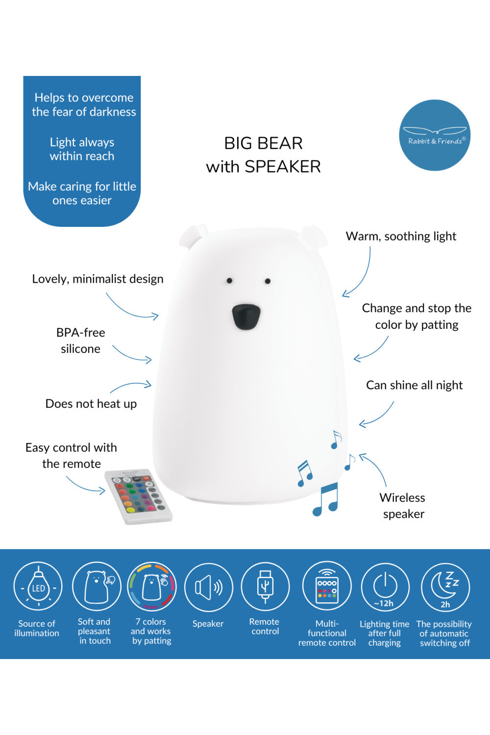 Mjúkur Sílikon Lampi með fjarstýringu & bluetooth-hátalara - Bear White